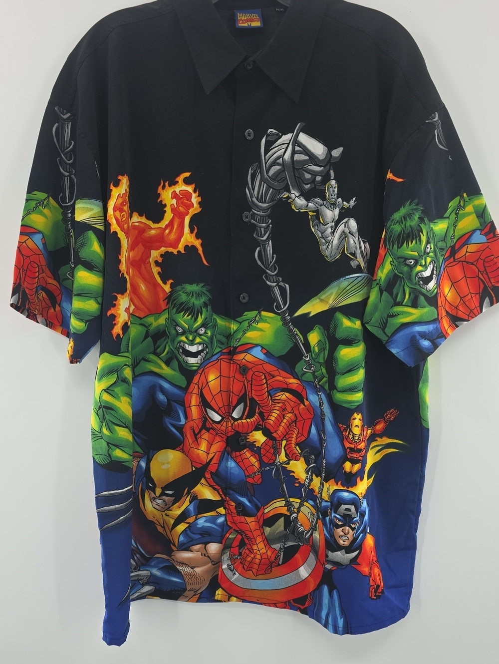 Marvel Short-Sleeve Button-Down Shirt in Black with Multicolor Superhero Print